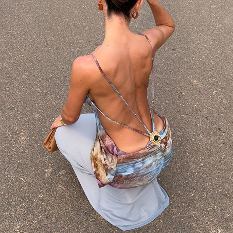 Robe longue élégante à imprimé - Mesh Strap Metal avis et prix